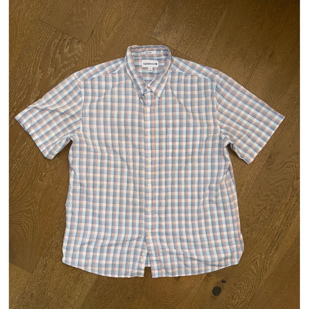 Saddlebred Mens XL Short Sleeve Button Down Shirt Blue Orange Plaid Easy‎ Care